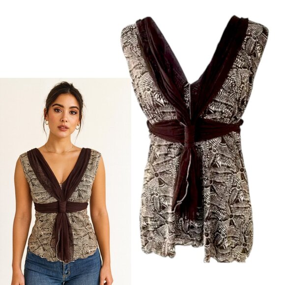 MAX STUDIO Y2K 2000'S MESH LAYERED BROWN NEUTRAL GRAPHIC TANK BLOUSE X SMALL NWT - Picture 1 of 7